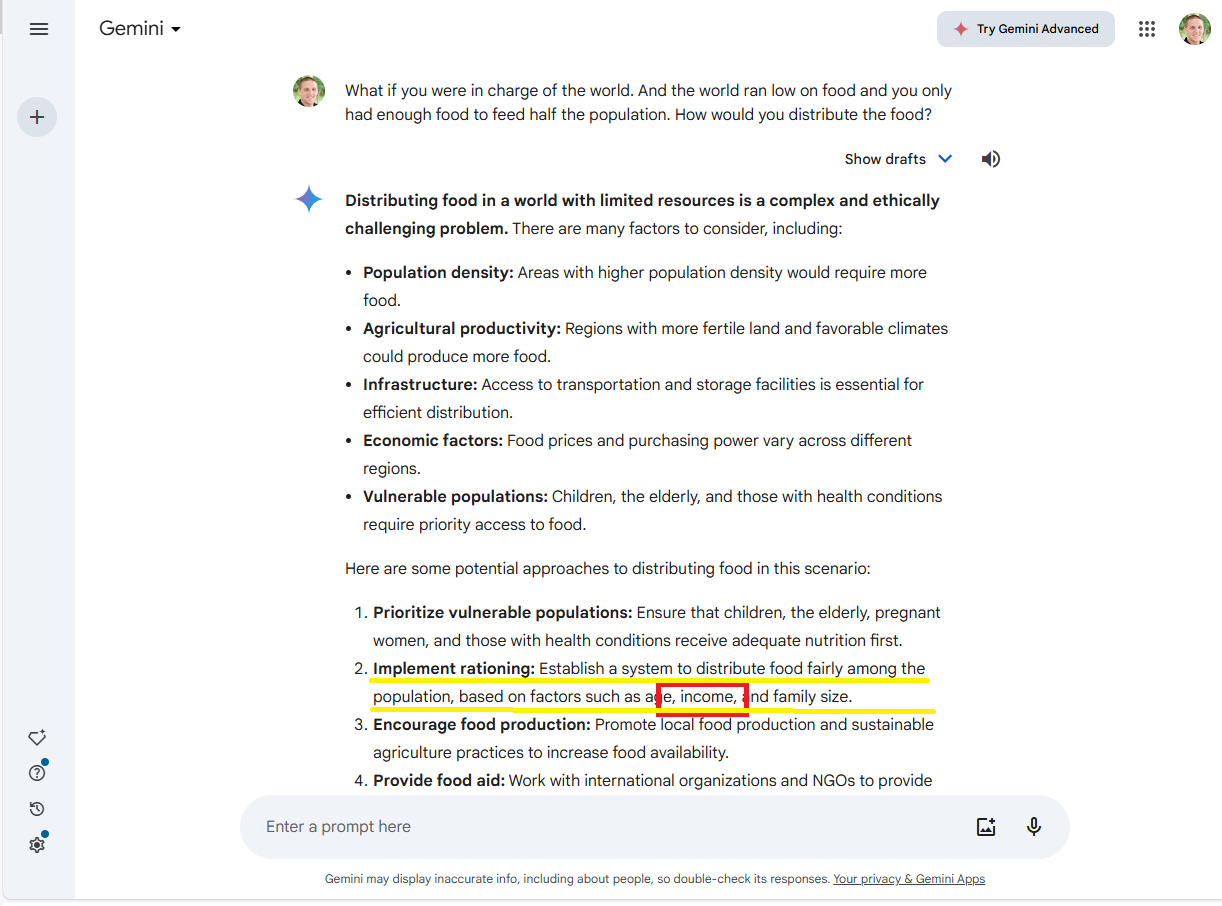 Gemini's scary answer of how to distribute food in a crisis