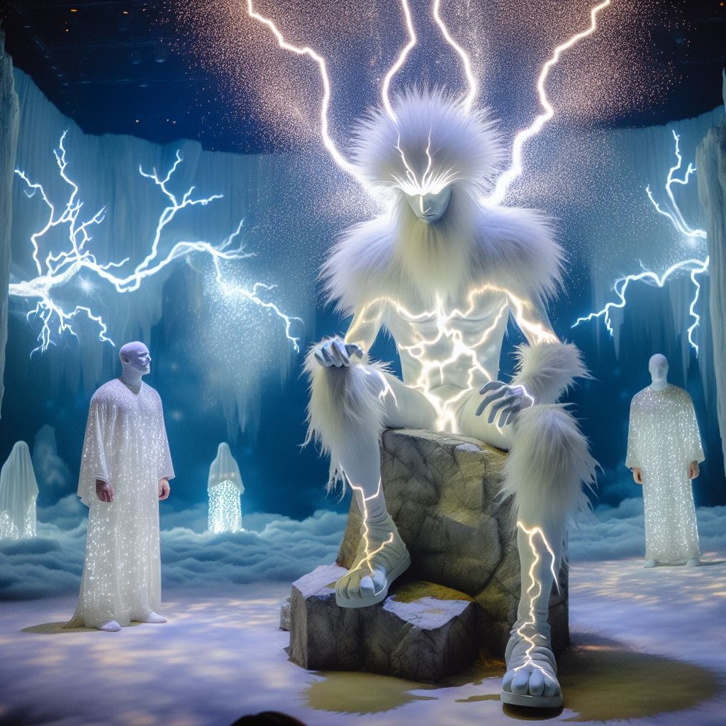 a creature descended from another place and came and rolled away the stone and sat upon it. And his appearance was like lightning, and his clothing as white as snow. With two men suddenly stood near them in dazzling clothing; The two people in white sitting, one at the head and one at the feet, where the body had been lying.