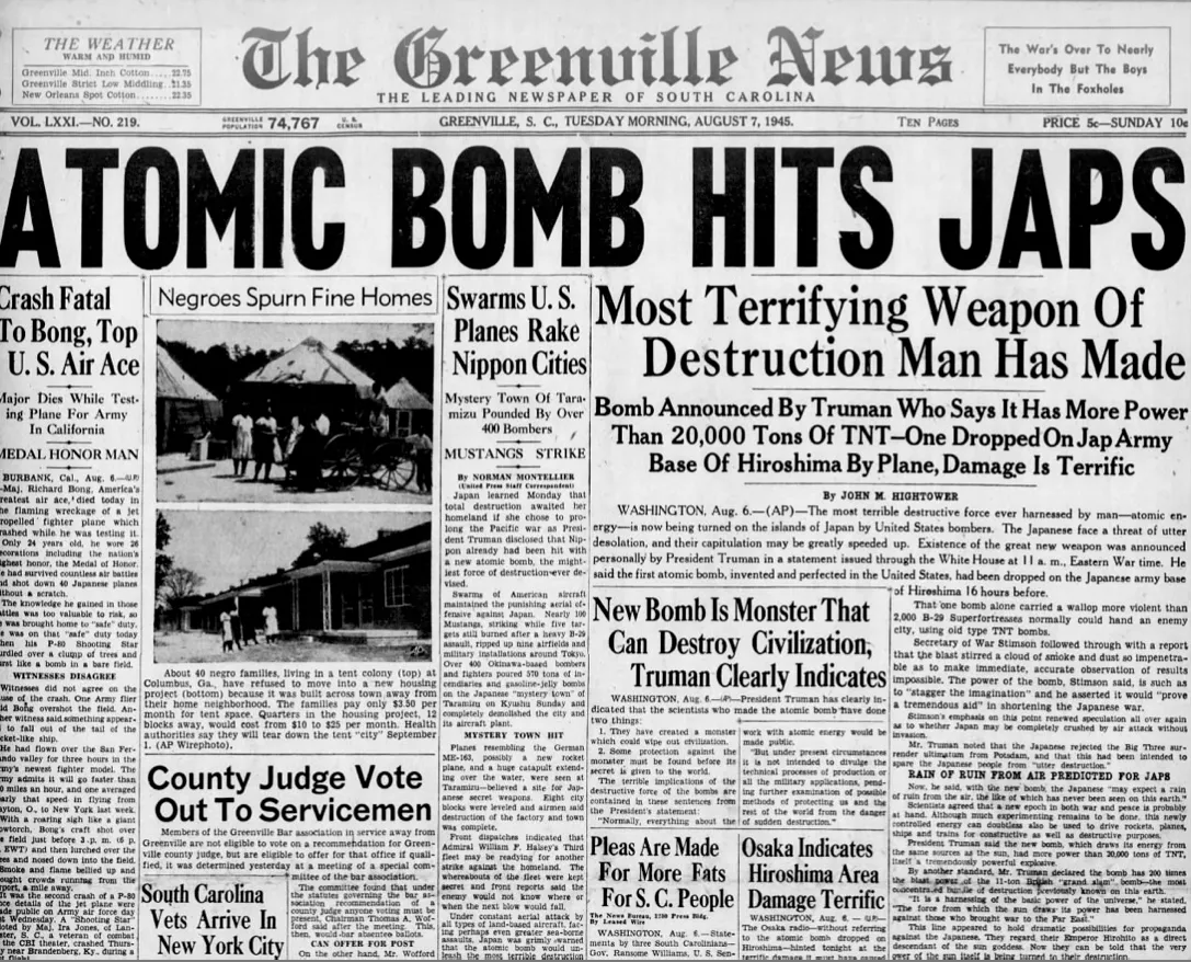 Newspaper headline showing "Atomic Bomb hits Japs!"