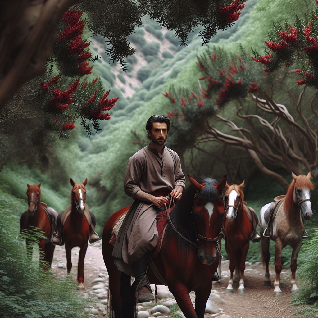 A man mounted on a red horse. He was standing among the myrtle trees in a ravine. Behind him were red, brown and white horses.