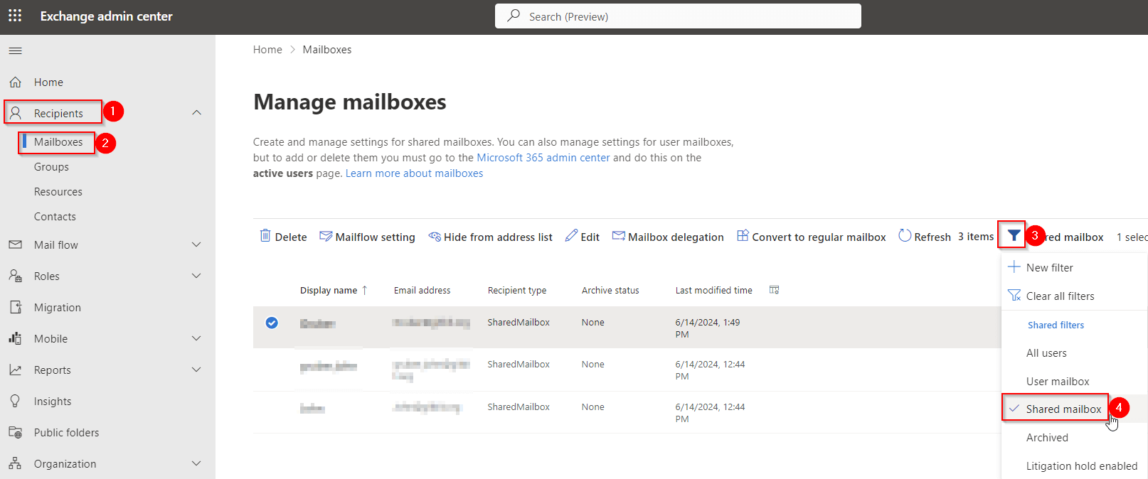 Get shared mailboxes from Microsoft 365 Exchange Admin Center