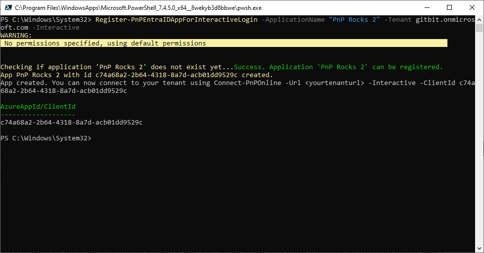Register the PnP Application in your Microsoft 365 tenant using Register-PnPEntraIDAppForInteractiveLogin -ApplicationName "PnP Rocks" -Tenant gitbit.onmicrosoft.com -Interactive